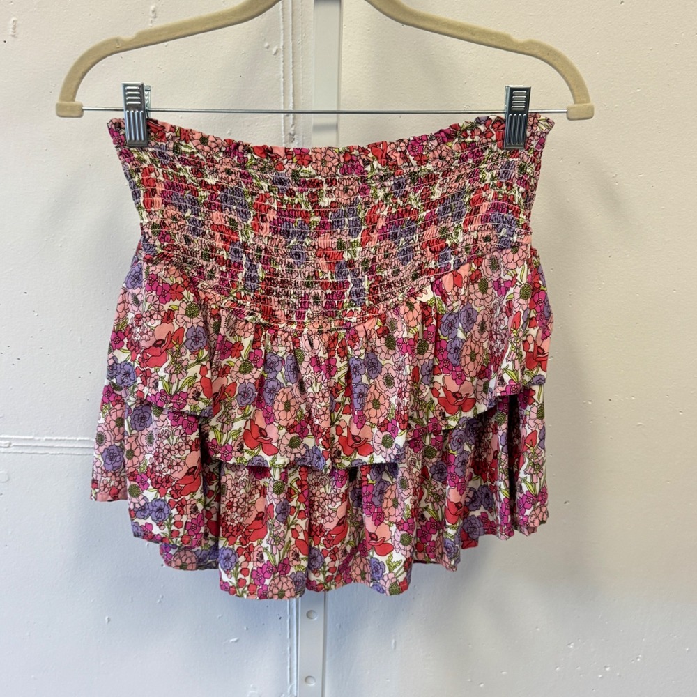 Japna Floral Smocked Tiered Ruffle Mini Skirt Sm Boho Pink Coquette Balletcore